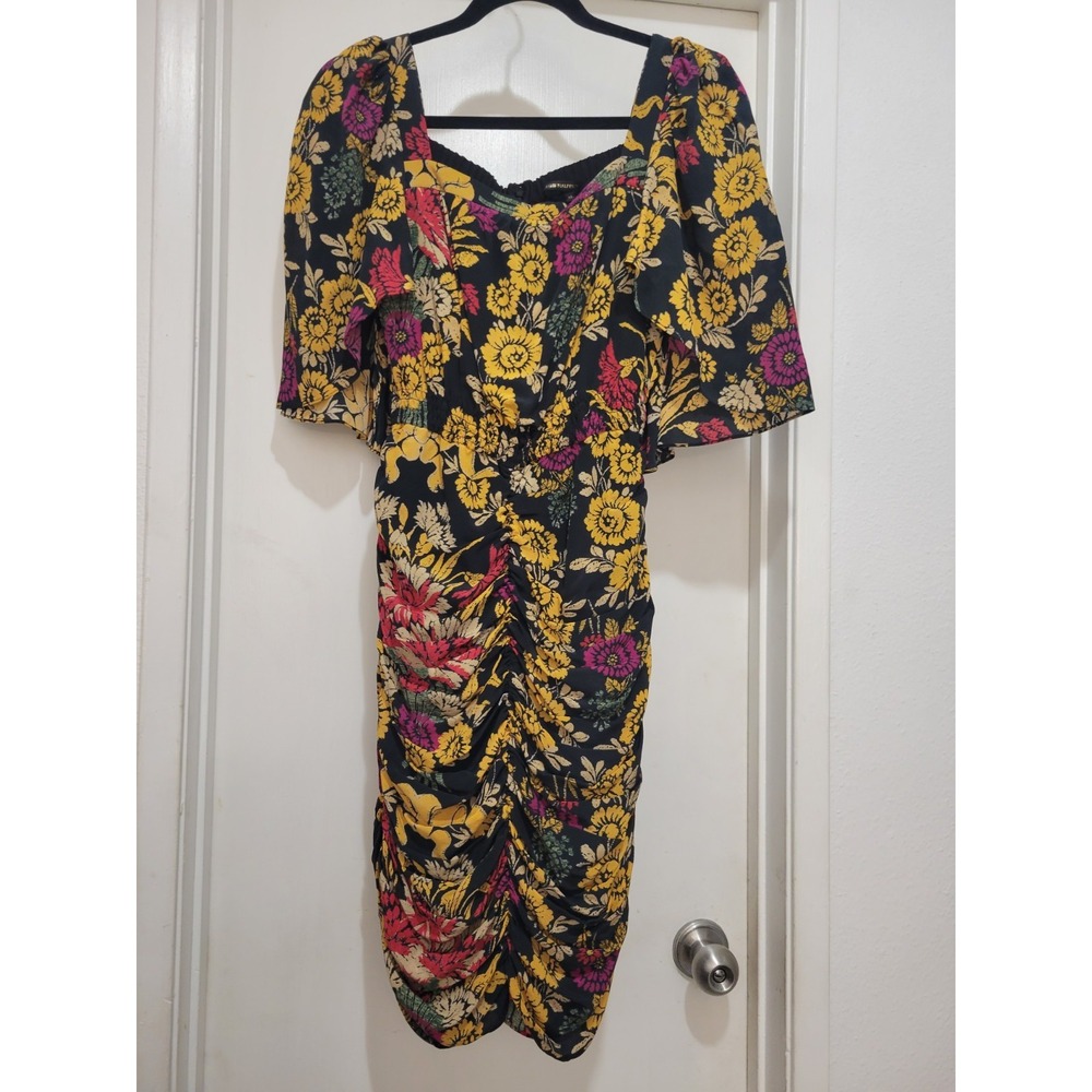 Kori Halperin Silk Chiffon Floral Print Garden Smocked Bodycon Square Neck Cape